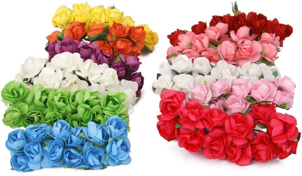 Mini Fake Rose Flower Heads 144pcs Mini Artificial Mulberry Paper Roses Flower with Wire Stem DIY Wedding Flowers Accessories Make Bridal Hair Clips Headbands Dress (Blush Pink)