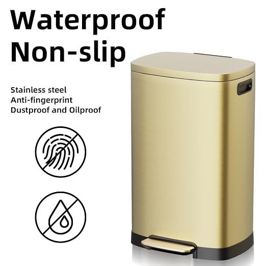 KdbK 13 Gallon Trash Can with Lid, 50L Fingerprint Proof Stainless Steel Kitchen Trash Can with Removable Inner Bucket and Lid Soft Close, Pedal Rubbish Bin for Home Office, Gold