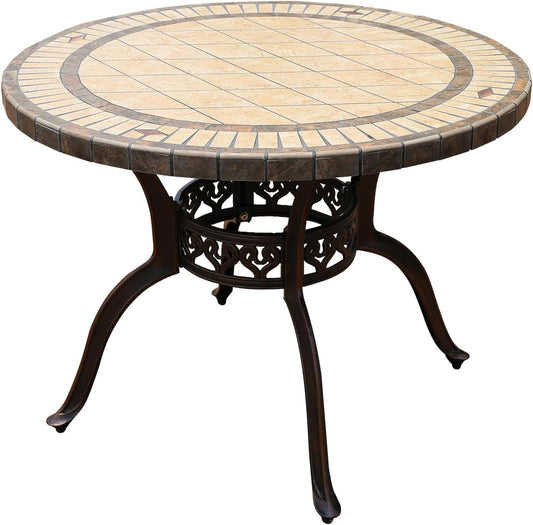 Outdoor Table Tile Round Patio Table All Weather Aluminum Frame Outdoor Dining Tables for Lawn Garden Backyard (100cm Ore White Round Table)