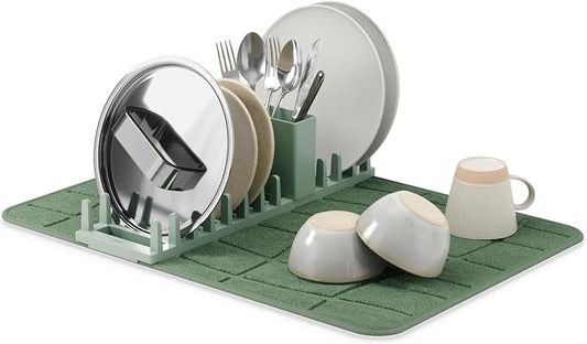 Umbra UDry Dish Drying Rack with Mat – Kitchen Countertop Dish Drainer & Absorbent Microfiber Drying Mat, Foldable Dish Rack Organizer for Plates, Cups & Utensils, Spruce