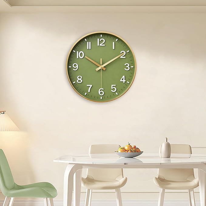 HZDHCLH Wall Clocks Battery Operated,Wall Clock Green Gold,12 inch Wall Clock Silent Non Ticking Modern 3D Numbers for Kitchen Bedroom Living Room Office Classroom Decor