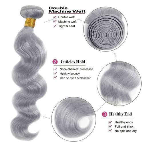 Giginger Sliver Grey Human Hair Bundles 20 22 24 inch Body Wave Human Hair Bundles Sliver Grey 100% Unprocessed Raw Quick Weave Hair for Black Women