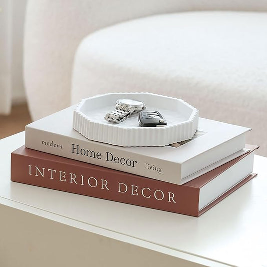 Decorative Plaster Tray & Book Decor Set - Scalloped Tray & Decorative Books Box Enhance Coffee Table or Bookshelf Decor - Modern Home Decoration for Living or Dining Room & as Housewarming Gift