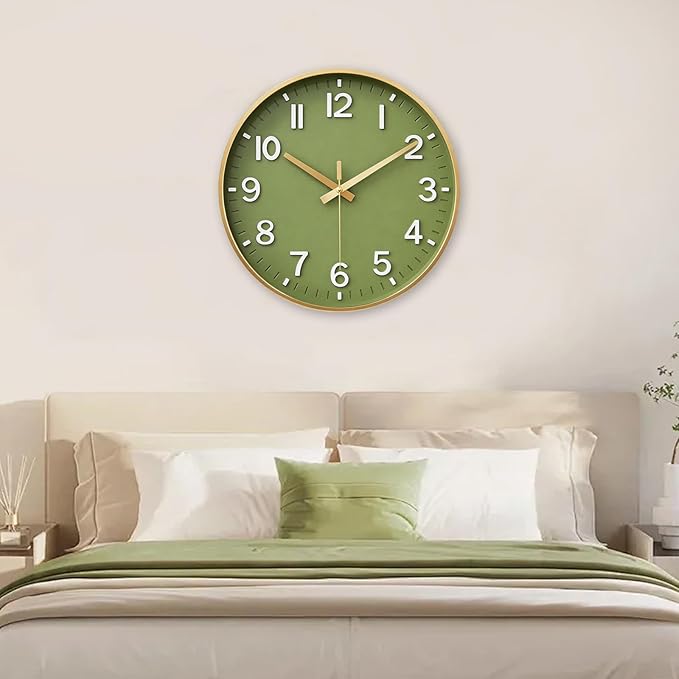 HZDHCLH Wall Clocks Battery Operated,Wall Clock Green Gold,14 inch Wall Clock Silent Non Ticking Modern 3D Numbers for Kitchen Bedroom Living Room Office Classroom Decor