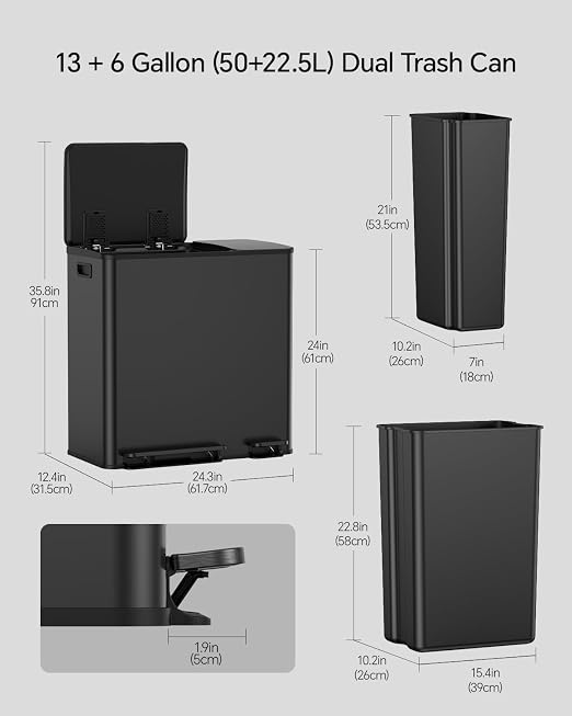 Lovewind Dual Trash and Recycling Bins for Kitchen, 13+6 Gallon Stainless Steel Garbage and Recycle Bin Combo for Large Families, Dual Trash Can with Soft Close Lid & Magnetic Stickers, Black