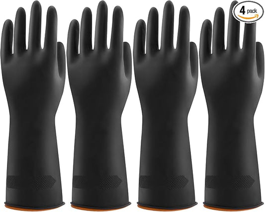 Bamllum 4 Pairs Black Rubber Dishwashing Gloves - Reusable Cleaning Gloves for Kitchen, Household, Anti-Slip, Flexible & Long-Lasting (X-Large)