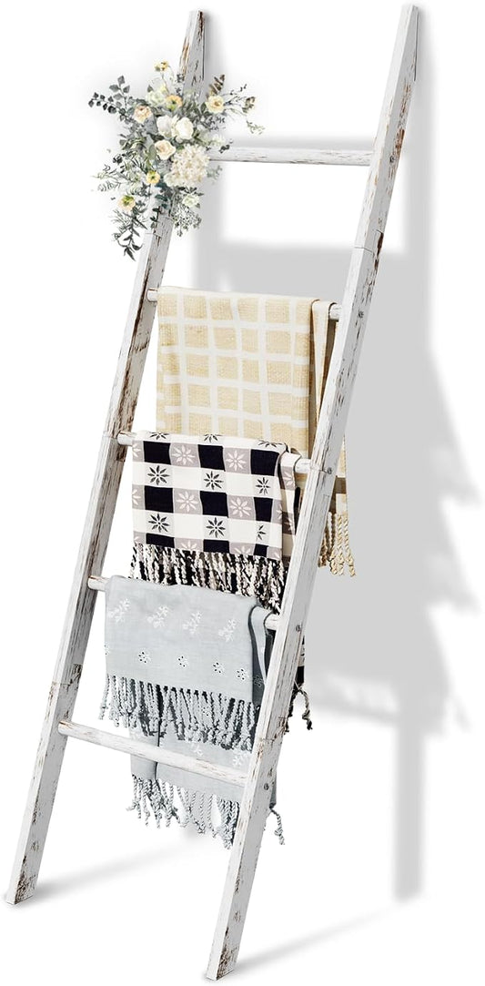 5-Tier Blanket Ladder Wooden, 5.3FT(63'') Blanket Quilt Holder Rack Decorative Ladders, Easy Assembly, Rustic Farmhouse Ladder Shelf for The Living Room Bedroom Bathroom Home Decor, White Wash