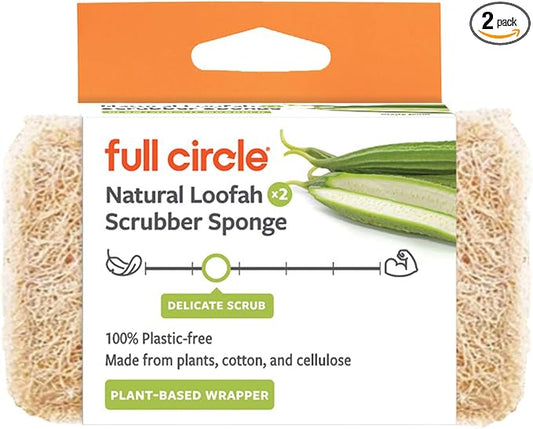 Full Circle 100% Plant-Based Loofah Sponges – Pack of 2 – Plastic-Free, Natural Sponge, No Microplastics, Safe for Nonstick Cookware