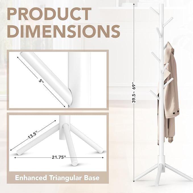 Hupmad Wooden Tree Coat Rack Stand,Sturdy Freestanding Coat Rack with 8 Hooks,3 Adjustable Height for Child Adult,Wood Coat Stand Tree Fits Entryway Bedroom Office for Bags,Hats, 2 Pack