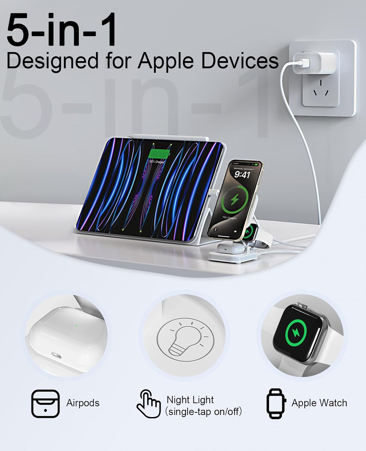 5-in-1 Magnetic Wireless Charging Stand for Apple MagSafe Charger with Night Light for iPhone 16/15/14/13/12, Watch, AirPods, Travel Magnetic Charger Nightstand Charging Station (Adapter Included)