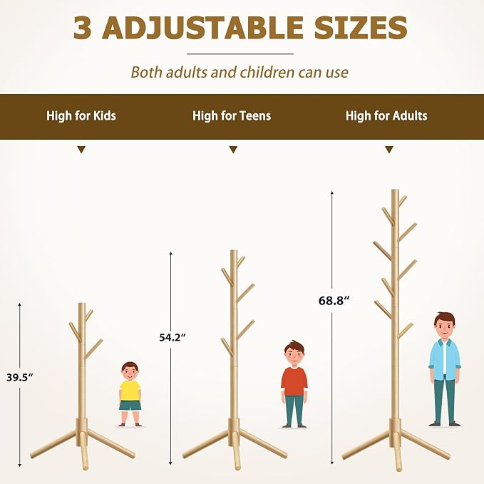 Coat Rack, Coat Racks Freestanding with 8 Hooks 3 Adjustable Heights for Clothes, Hats, Handbags, Coat Tree Easy Assembly for Entryway, Bedroom, Hallway, Office(Nature)