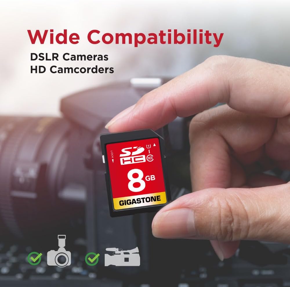 GIGASTONE 8GB SD Card UHS-I U1 Class 10 SDHC Memory Card Full HD Video Canon Kodak Olympus Digital Camera, with 1 mini case