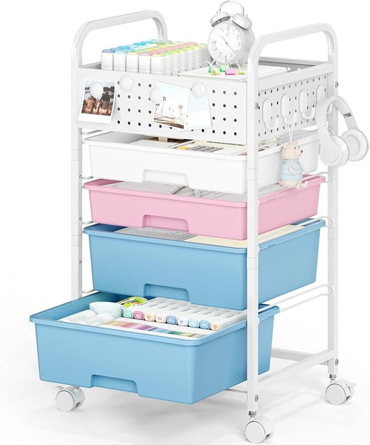 4 Drawer Rolling Storage Cart with Pegboard Top and Hooks, Mobile Organizer Cart with Wheels for Office Supplies, Craft Storage, Classroom Organization, Home Utility Cart, Pink&Blue