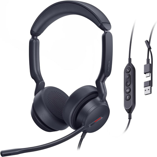 Yealink UH44 Teams Certified USB Wired Headset with 2 Noise Cancelling Mics,Stereo Sound for PC,Laptop,Teams,Zoom,Call Center,Home Office,Inline Controls,Comfort Ear Cushions,USB-C/A,Busylight-Black