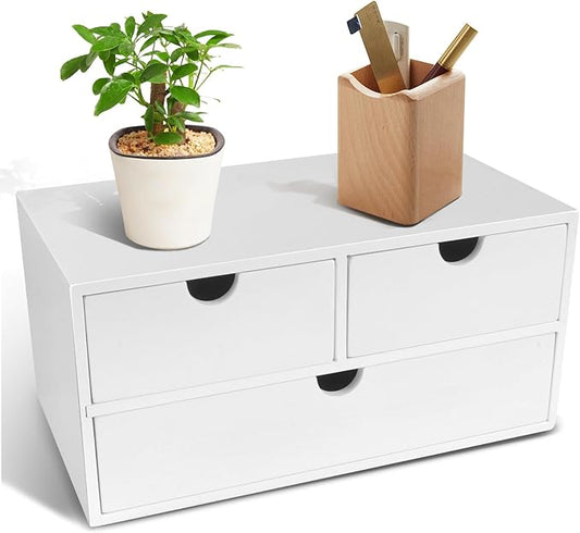 Charmewooden desk organizer with drawers countertop drawer organizer Tabletop Storage Organization Box Home Office Workspace Bathroom Toiletries Supplies (white)