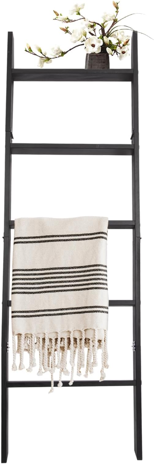 5-Tier Blanket Ladder – 4.8 Ft Wall Leaning Quilt Rack, Farmhouse Blanket Storage for Living Room, Bedroom & Bathroom – Rustic Decorative Wooden Towel & Quilt Holder, Easy to Assemble