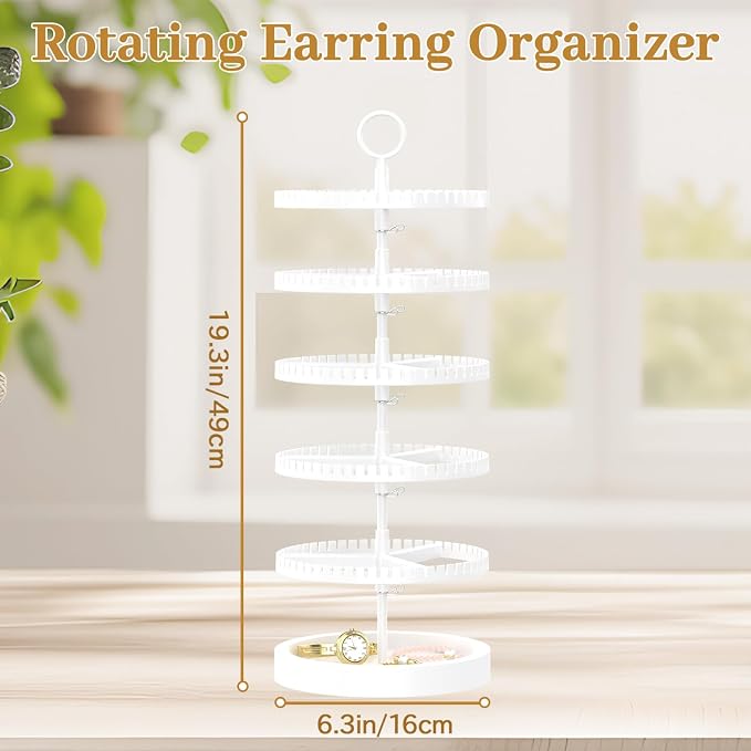 MODOWEY 5 Tier Rotating Earring Holder Organizer Display Tree with Wooden Tray, Adjustable Plastic Stand with 285 Slots for Stud Hoop Hanger, Large Capacity Storage Rack for Women Space Saving, White