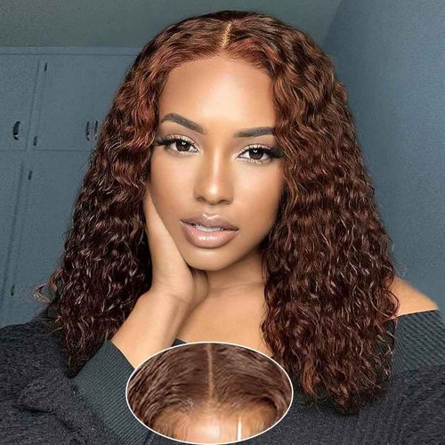 Wear and Go Glueless Wigs Human Hair Pre Plucked Pre Cut Chocolate Brown Lace Front Wigs for Black Women 180 Density Water Wave Bob Wig Human Hair Colored Curly Wig (Chocolate Brown Color, 16 Inch)