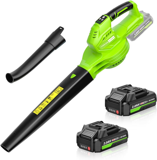 SEYVUM Cordless Leaf Blower, 20V Blower with 2 X 2.0 Ah Battery, Electric Blower for Lawn Care, 350 CFM 150 MPH Battery Powered Leaf Blower with Charger, for Patio, Garden Cleaning, Green