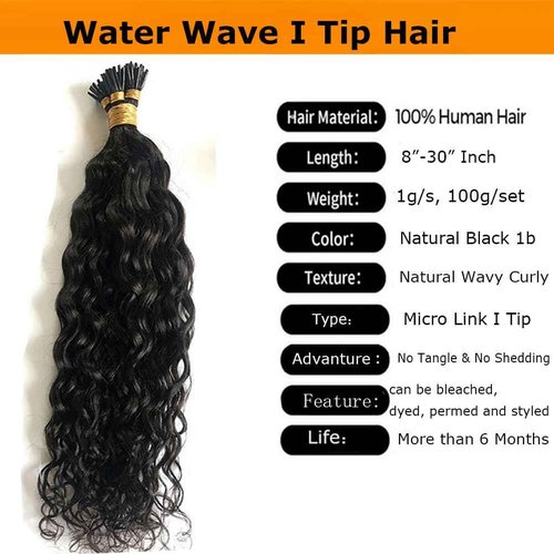Water Wave I Tip Human Hair Extension Pre Bonded Microlink Wet & Wavy Micro Beads Keratin Stick I Tip Hair For Women 26inch 100Strands 100g, Natural Black 1b