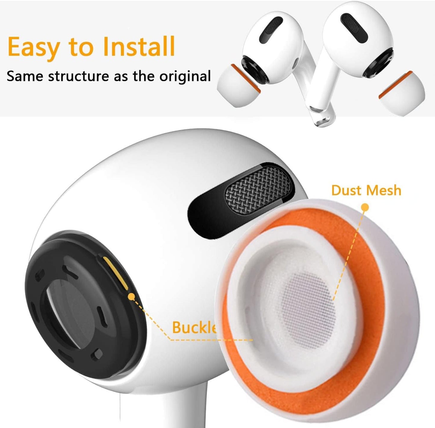 Airpod Pro Ear Tip Memory Foam & Silicone Hybrid Ear Tips, Perfect Noise Reduction, Stays in Your Ears, Ultra-Comfort, Anti-Slip Eartips, Fit in The Charging Case (Orange, Large)