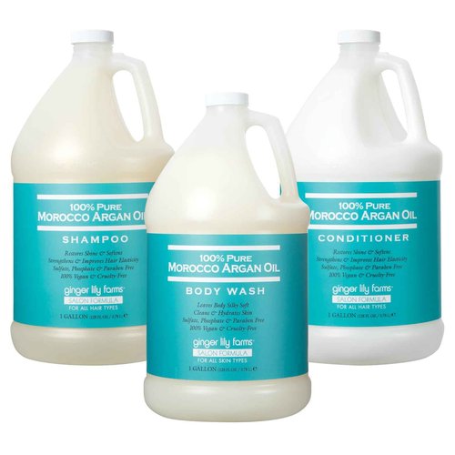 Ginger Lily Farms 100% Pure Morocco Argan Oil Body Wash + Shampoo + Conditioner Bundle, 1 Gallon Each