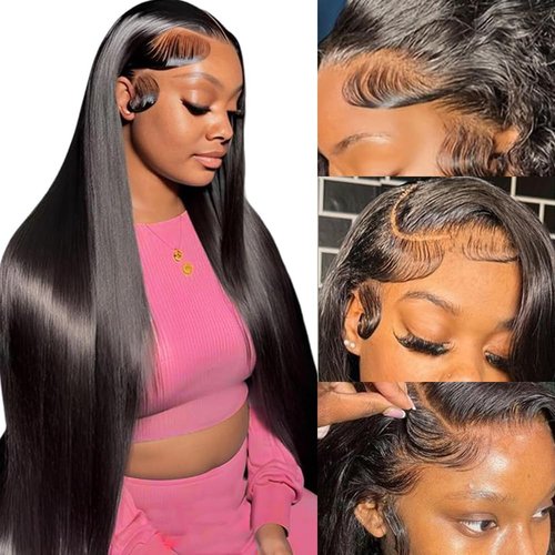 QWedafy Straight Lace Front Human Hair Wig Pre Plucked 200 Density Glueless Natural Black Straight Wig Human Hair 13x4 HD Lace Frontal Wigs for Women (24 Inch)