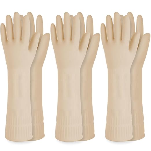 DABOGOSA Reusable Waterproof Household Dishwashing Cleaning Rubber Gloves, Non-Slip Kitchen Glove (Ivory, Large (Pack of 3))