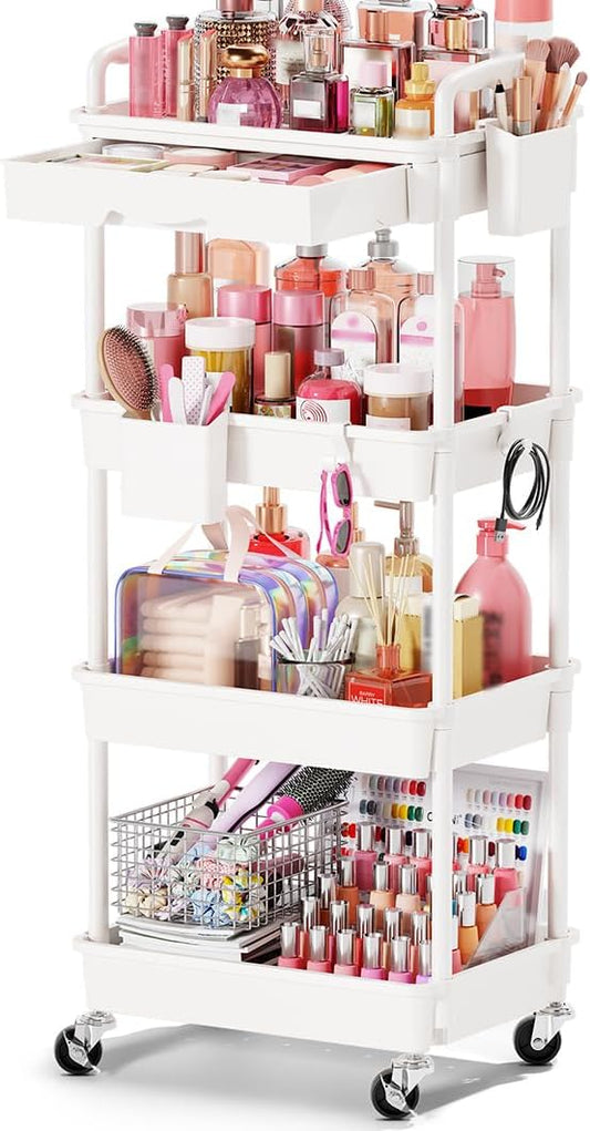 Goovilla Rolling Makeup Organizer Cart with Removable Drawer, 4 Tier Stable White Floor Skincare Storage Cart for Vanity, Cosmetic Display, Nail Polish, Perfume, Hair Stuff, Beauty, Bathroom(Plastic)