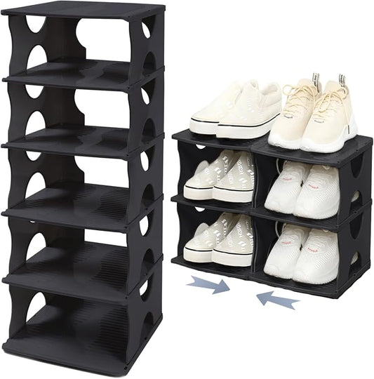 6-Tier Thickened Shoe Rack, Stackable Storage Organizer for Bedroom Entry, Adjustable Rack, Shoe Slots Shelf, Easy Tower Rack, Black