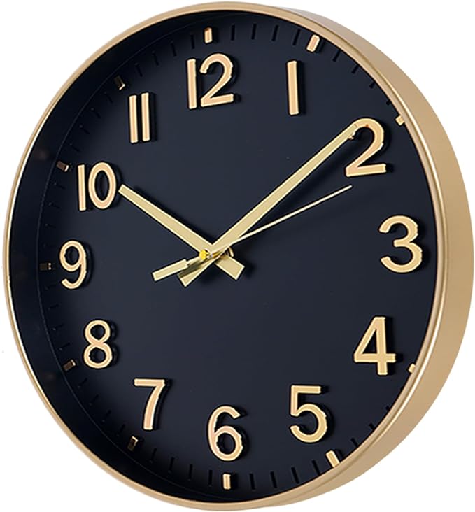 HZDHCLH Wall Clocks Battery Operated,Wall Clock Black Gold,14 inch Wall Clock Silent Non Ticking Modern 3D Numbers for Kitchen Bedroom Living Room Office Classroom Decor