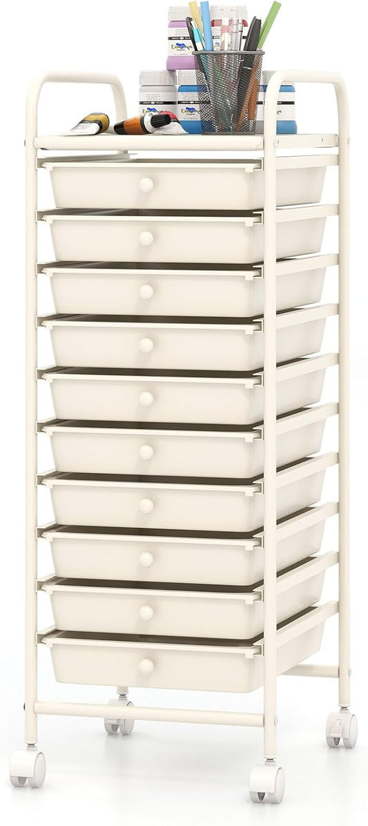 COSTWAY 10-Drawer Rolling Storage Cart, Utility Mobile Trolley with Removable Drawers & Universal Casters & 2 Brakes, Versatile Flexible Drawer Organizer Cart for Home, Office, White
