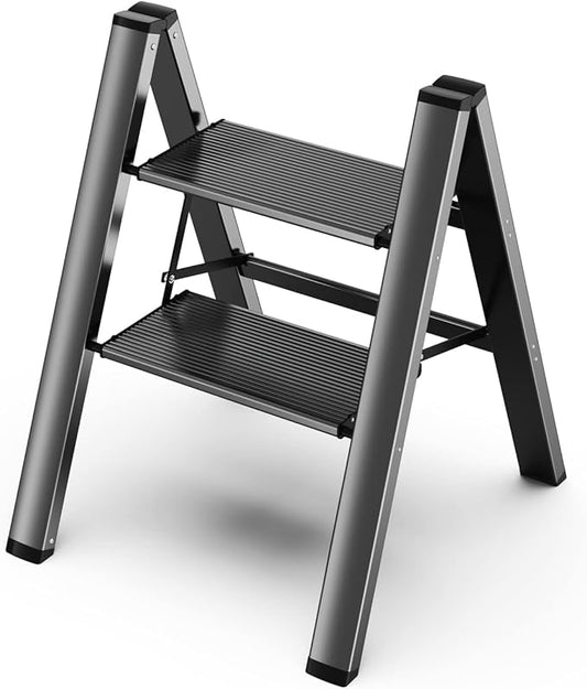 2 Step Ladder, Aluminum Folding 2 Step Stool with Anti-Slip Sturdy and Wide Pedal, Lightweight Portable Stepladder for Home and Kitchen Use Space Saving, Black, 330 lbs