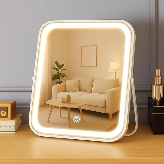 YEKKOPT Rechargeable Vanity Mirror with Lights,8x10 Inch 3 Color Lighting Portable Makeup Mirror with Touch Screen Adjustable LED Lights,Desk Mirror for Travel, Home