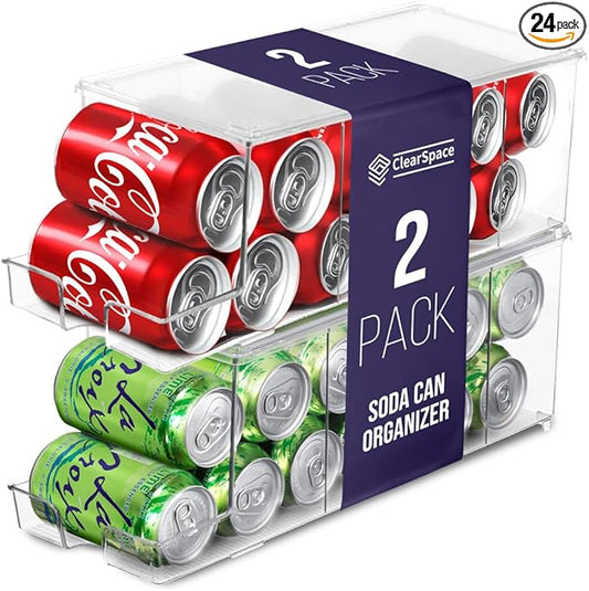 ClearSpace Soda Can Organizer & Soda Can Dispenser for Refrigerator - Fridge Organizer & Stackable Drink Organizer for Fridge or Refrigerator - Holds 12 Cans Each, BPA Free - 2 Pack