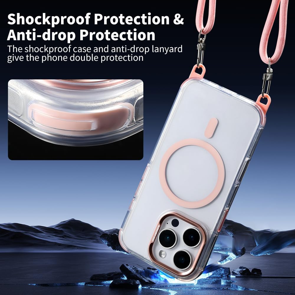 for iPhone 16 Pro Case with 62.99 inch Lanyard, Classic Clear&Pink Magnetic Phone Case, Drop&Shockproof Protection Cases, Phone Lanyard for Around The Neck, Compatible with Magnet Accessory