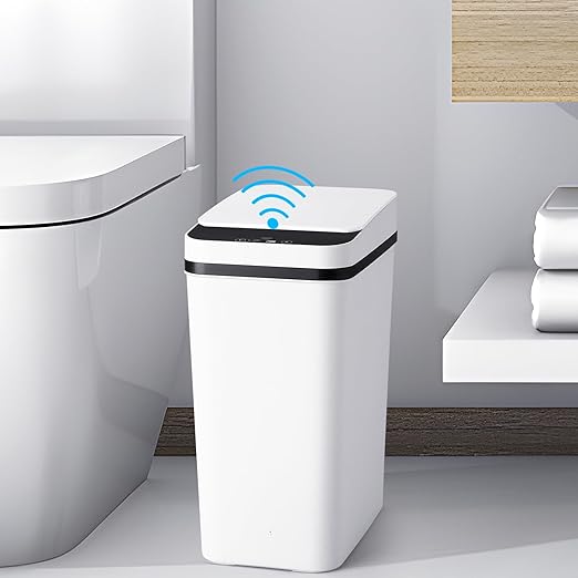 Anborry Bathroom Trash Cans with Lid Touchless Automatic Motion Sensor 4 Gallon Small Garbage Can, Smart Electric Plastic Narrow Garbage Bin for Living Room Bedroom Office Kitchen (White)