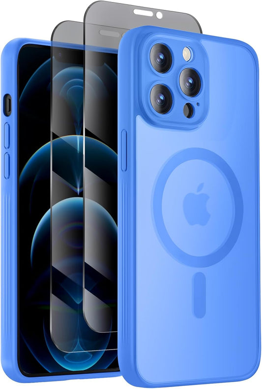 Designed for iPhone 12 Pro Case, Compatible with MagSafe, with Privacy Screen Protectors X2, [Camera Protection] [15FT Military Drop Protection] Shockproof Phone Case, 6.1", Blue