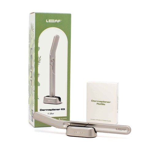 Leaf Shave | Leaf Dermaplaner Kit, All-Metal Reusable Dermaplane Razor and Exfoliating Tool for Women, Includes Matching Stand and 10-Pack of Refills - Silver