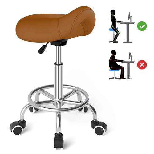 YEEZEE Saddle Stool Ergonomic- Comfortable Rolling Saddle Stool with Wide Thick Saddle Seat Padding, Swivel Adjustable Saddle Chair with Wheels and Ring Pedal for Medical Massage Salon (Brown)
