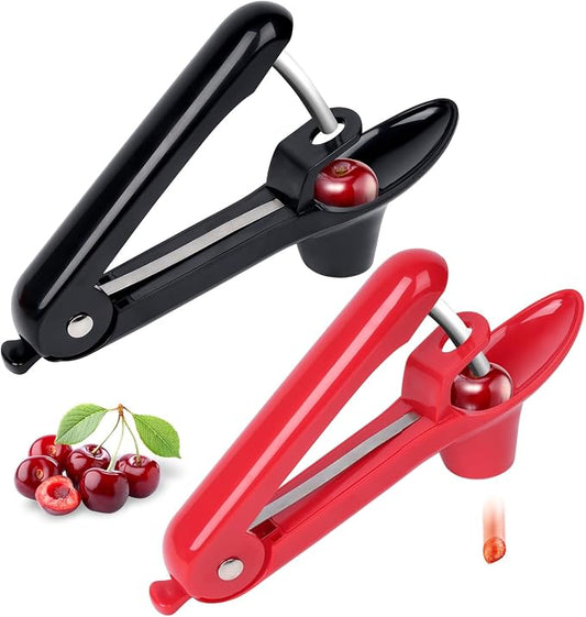 Cherry Pitter, 2 Pcs Cherry Pitter Tool, Stainless Steel Cherry Stoner, Cherry Core Remover with Hand-held Push Design, Multi-Use Household Kitchen Gadget for Cherry, Jujube, Olive,Black+Red