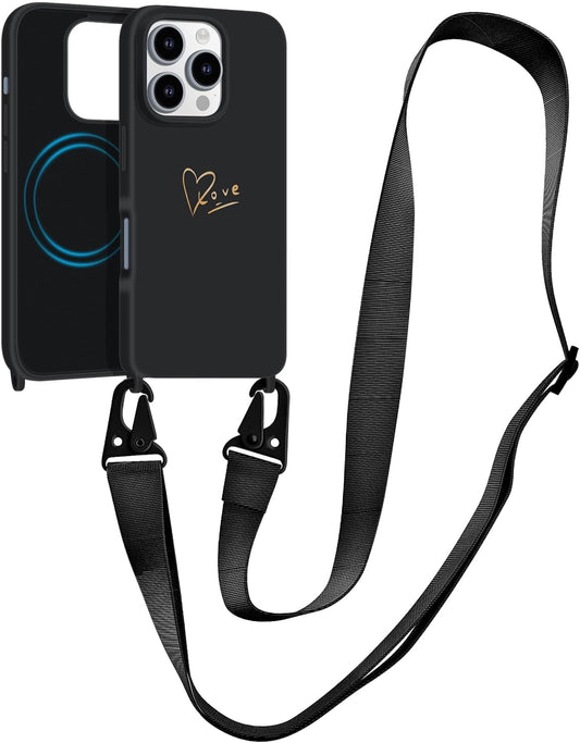 Crossbody Case for iPhone 16 Pro with Strap, [Compatible with MagSafe], Cute Love Heart Silicone Phone Case with Neck Lanyard for Girls Women