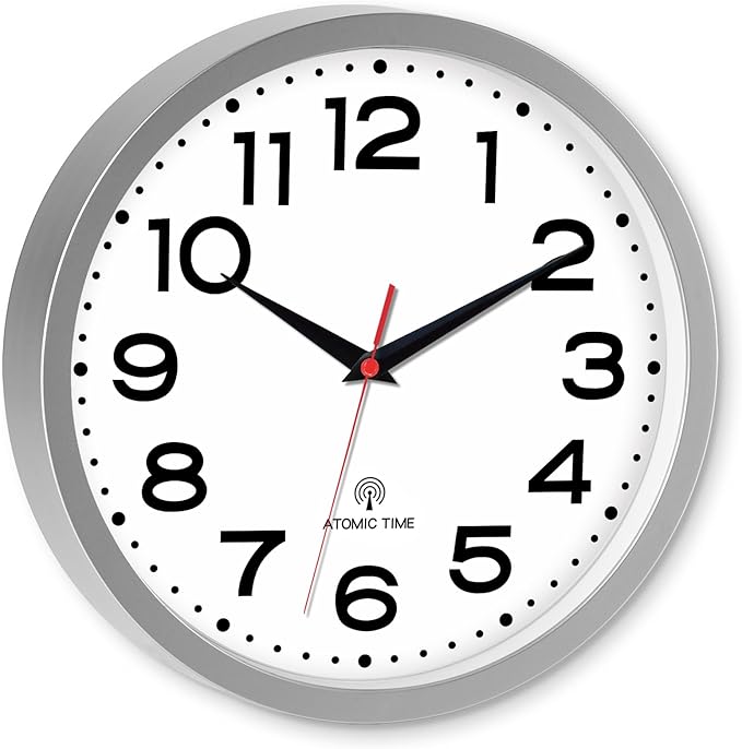 Roymnie Atomic Wall Clock 10 Inch, Modern Clock Battery Operated Classic Analog Decorative for Kitchen, Living Room, Office, Bedroom, Bathroom (Silver)