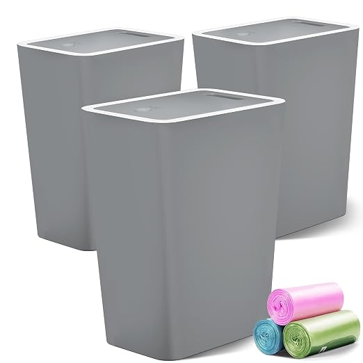 Lysam Small Trash Can, 3 Pack 4 Gallons Bathroom Garbage Can with Lid Press-Top, Small Waste Basket with Trash Bags, Slim Plastic Garbage Bin for Dorm, Office, Bedroom, Kitchen, Living Room (Grey)