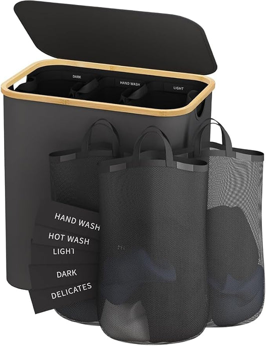 Laundry Hamper 3 Section, 145L Dirty Clothes Hamper with Lid, Extra Large Laundry Basket Organizer with Removable Inner Bags & Labels for Laundry Room, Bedroom, Dark Grey