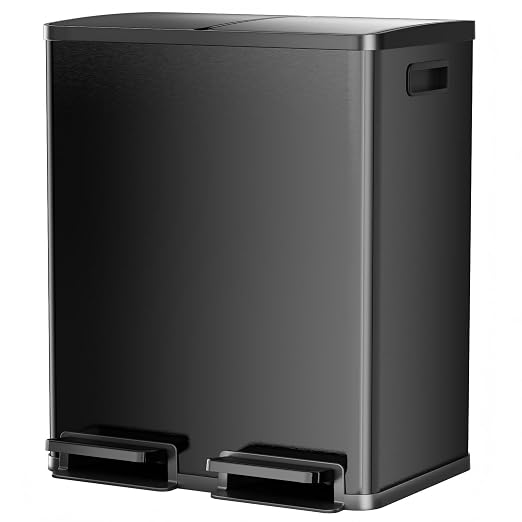 DUMOS Kitchen Double Trash Can, 2x8-Gallon Dual Trash Can with Lid, Stainless Steel Garbage Bin with 2 Removable Inner Buckets, Soft-Close Foot Pedal for Kitchen, Home, Office, Glossy Black