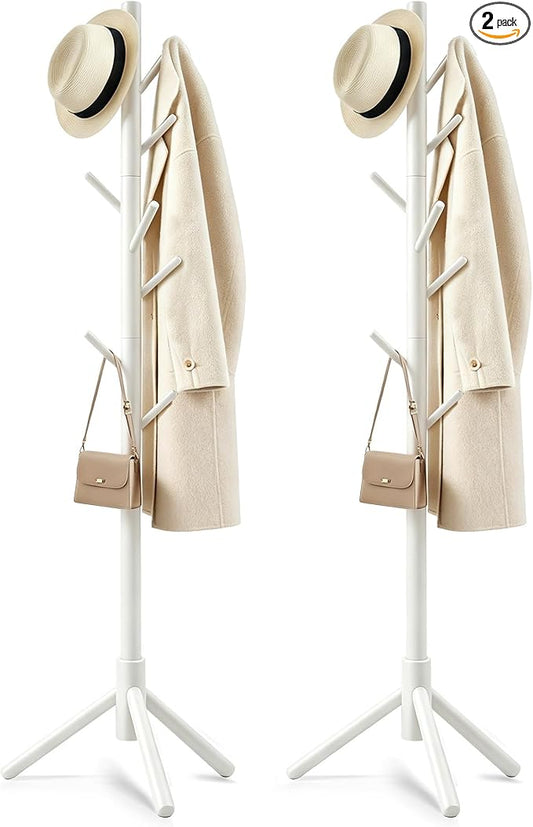 2 PC Wooden Coat Rack Freestanding with 8 Hooks & 3 Adjustable Sizes for Clothes, Space-Saving Design for Bedroom Office Entrance Holds Hats Coats Scarves Bags