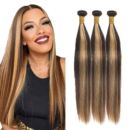 Habiliana Bundles Human Hair 26 28 30 Inch Straight Wave P4/27 Human Hair Bundles 11A Unprocessed Brazilian Virgin Quick Weave Hair Extensions for Black Women