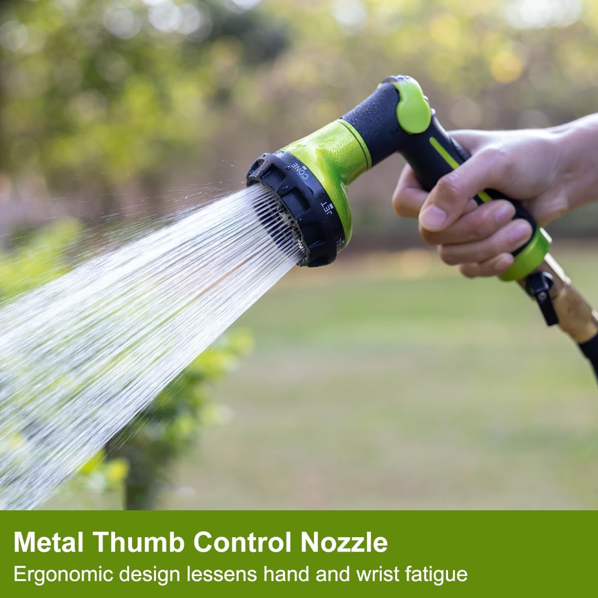 FANHAO Garden Hose Nozzle Heavy Duty, 100% Metal Water Hose Sprayer with 8 Spray Patterns, High Pressure Spray Nozzle Thumb Control On Off Valve for Lawn & Plant Watering, Car & Pet Washing - Green