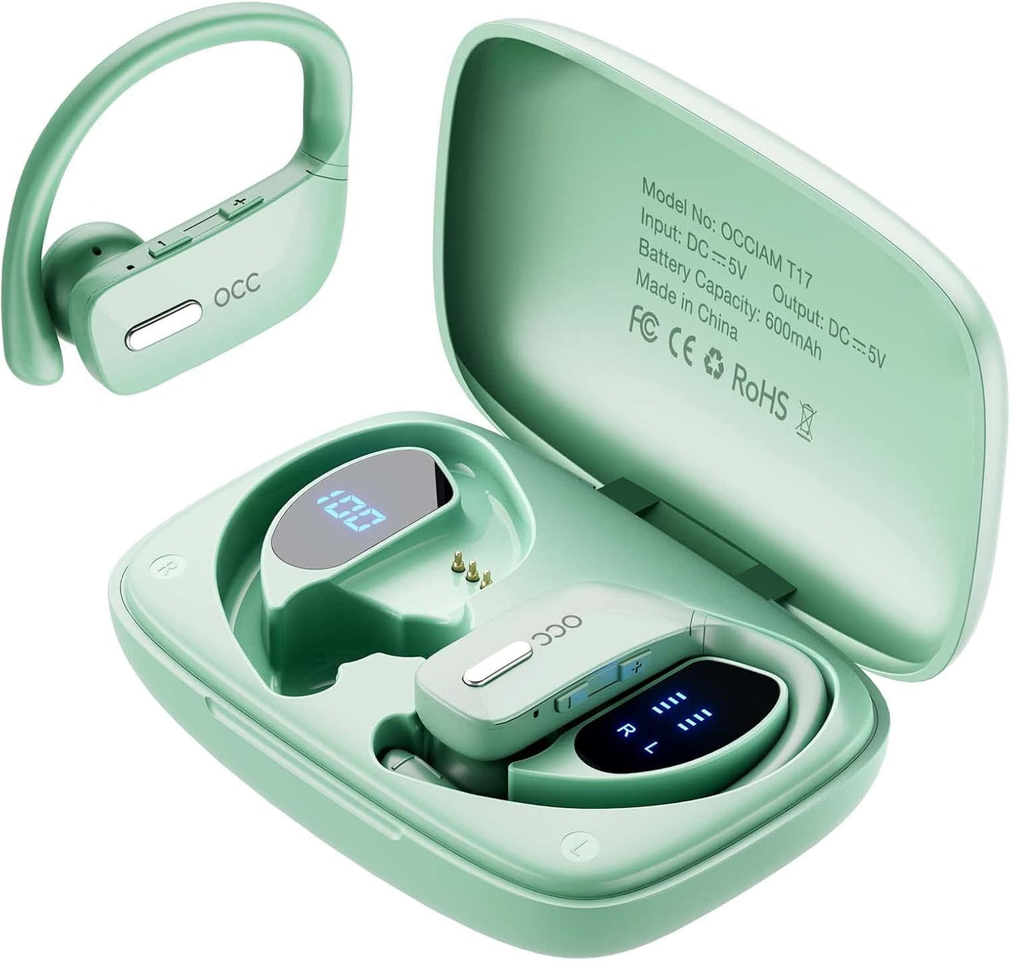 occiam Wireless Earbuds Bluetooth Headphones 48H Play Back Earphones in Ear Waterproof with Microphone LED Display for Sports Running Workout Green